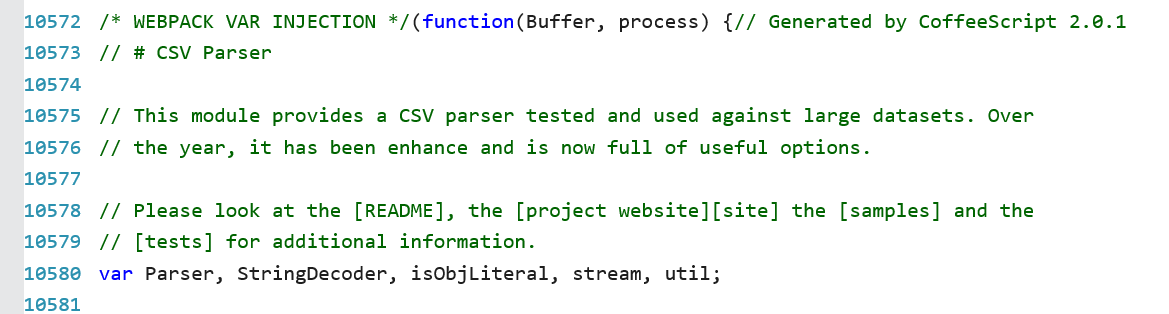 A screenshot of the debug console showing part of csv-parse’s code where you can clearly see its name in a comment