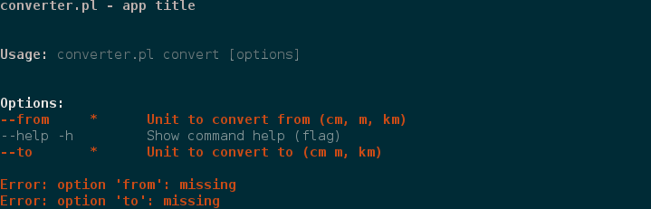 An example of error messages output after running the script with incorrect parameters.