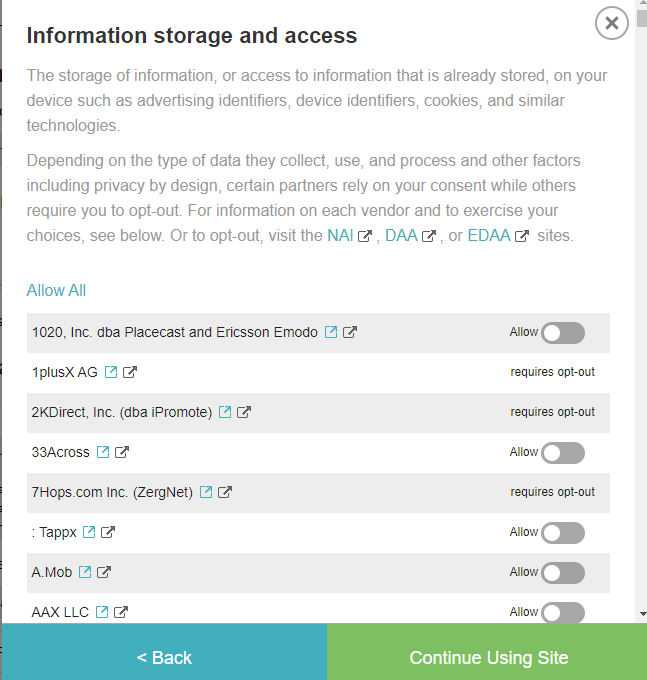 A screen with various toggles to allow or disallow cookies. Some cookies require opt out
