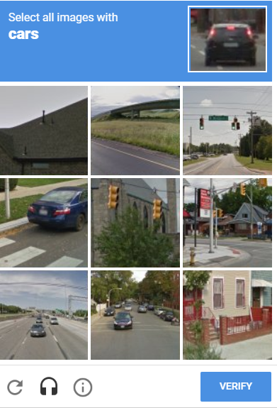 A recaptcha prompt asking the user to select all images with cars.
